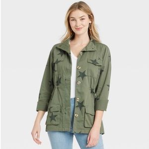 Knox Rose Utility Jacket Women's Olive Green Star Print Button Front Size S